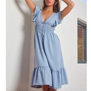 Bishop & Young Sea Blue Santorini Midi Ruffle Dress Women's XS Coquette Cottage